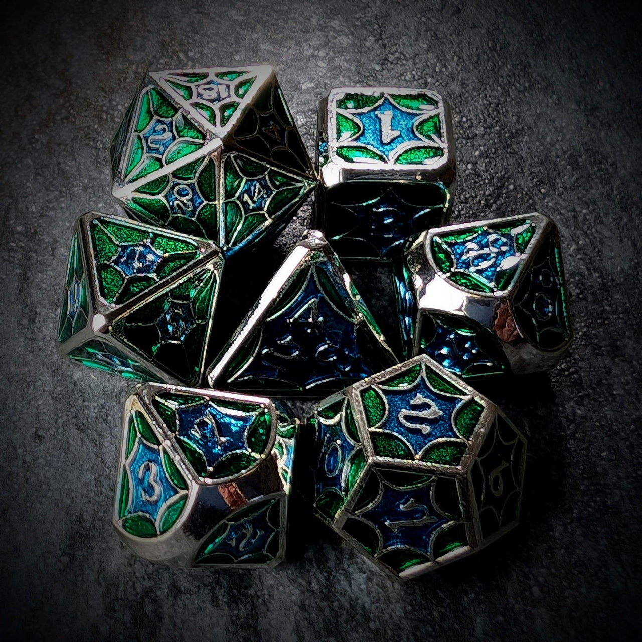 Blue & Green Spider's Web in Silver Metal - 7pcs RPG Dice Set