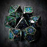 Thumbnail for Blue & Green Spider's Web in Silver Metal - 7pcs RPG Dice Set