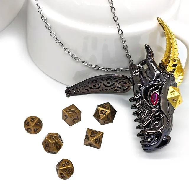 Gold & Black Horned Dragon with Copper Metal Mini Dice Set Necklace