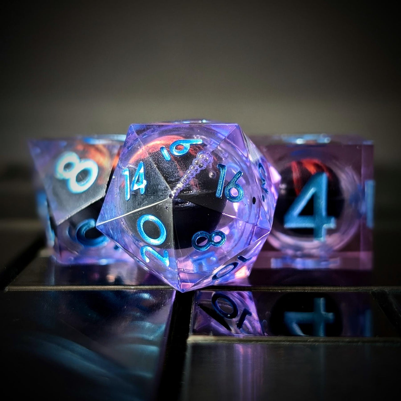 Red Dragon Eye Ball in Clear & Purple Filled Sharp Resin - 7pcs RPG Dice Set