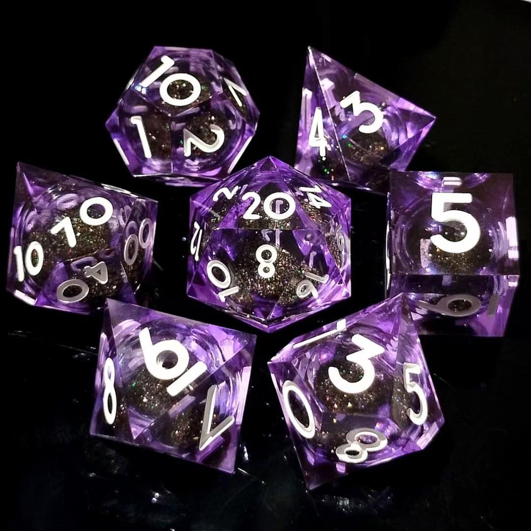 7pcs Dice Sharp Filled Liquid Gold Font Purple