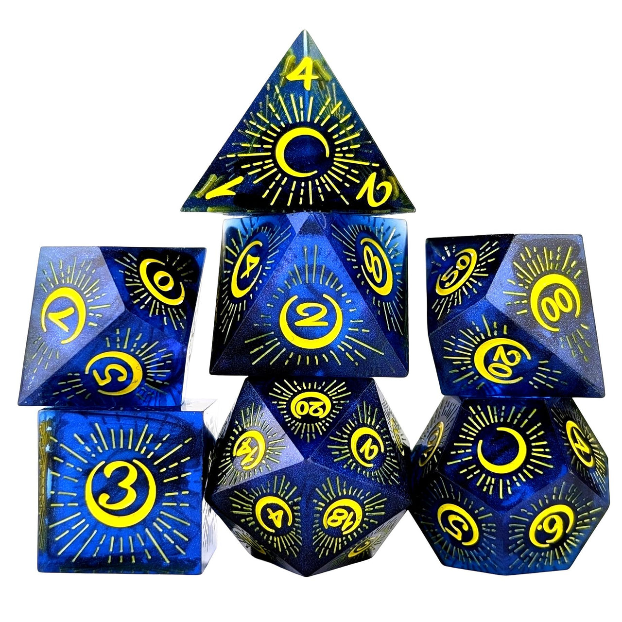 Moon on Blue with Black Swirl Sharp Resin - 7pcs RPG Dice Set