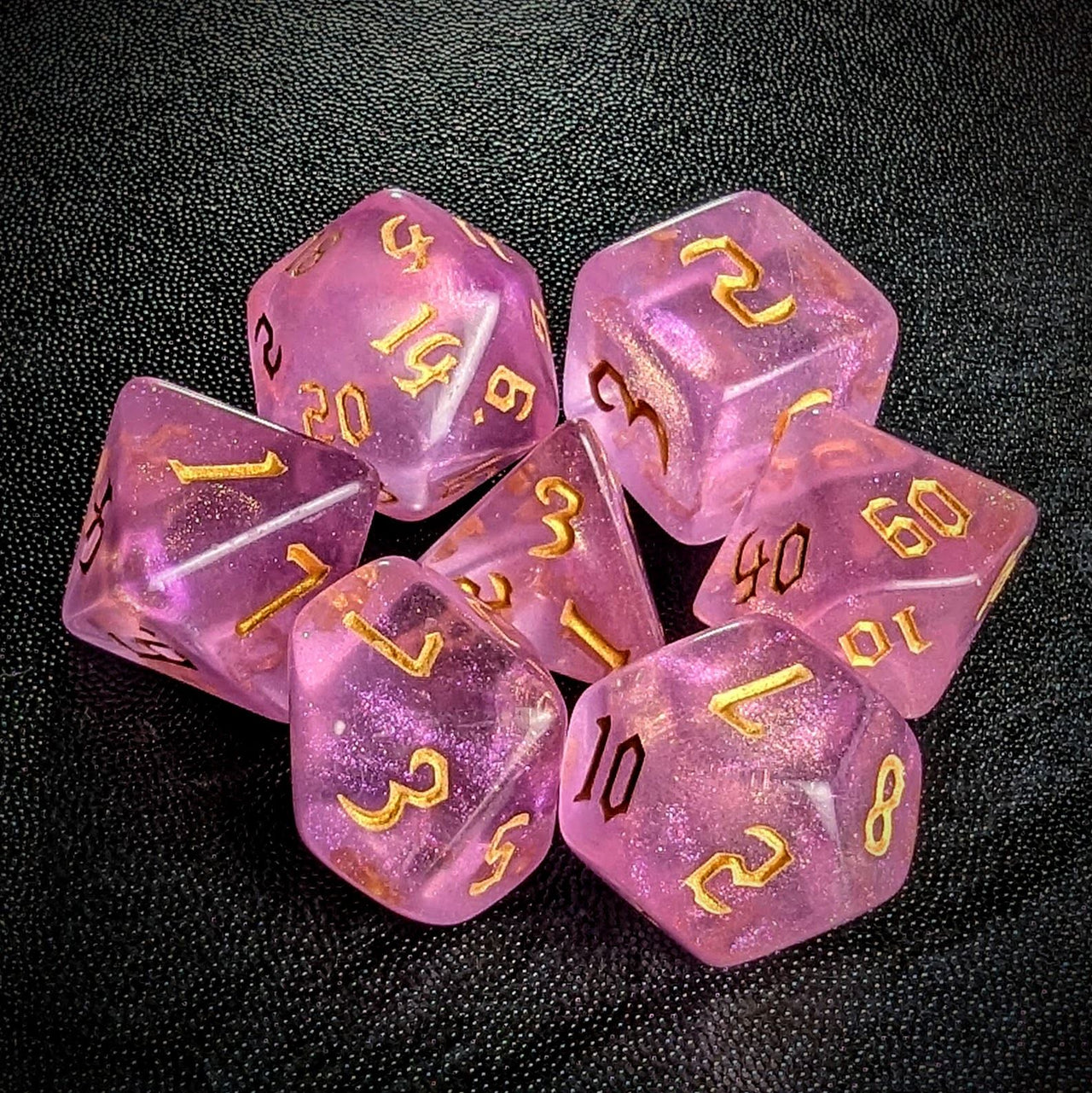 Glitter in Clear Pink Acrylic - 7pcs RPG Full Dice Set Top