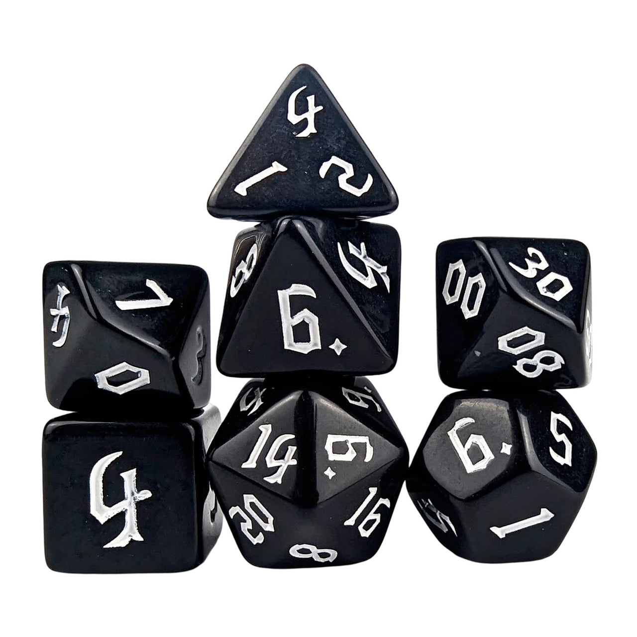 White on Solid Black Acrylic - 7pcs RPG Full Dice Set White Stack