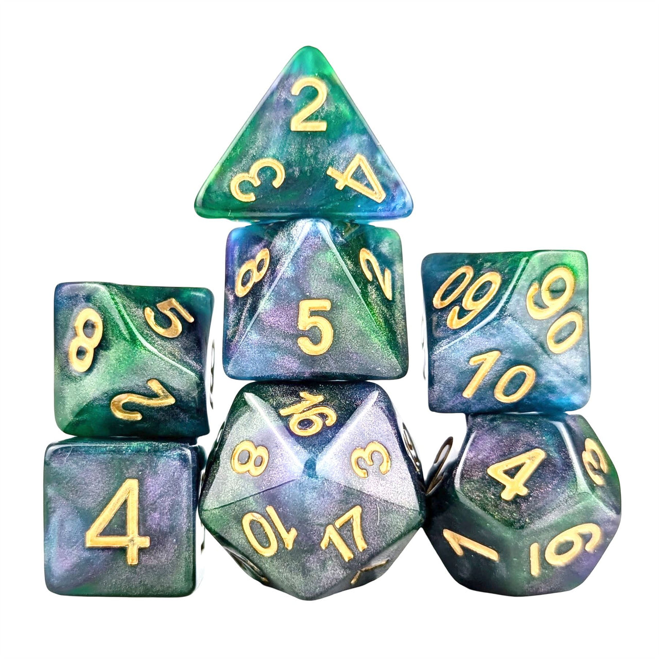 Glitter in Green & Blue Resin - 7pcs RPG Full Dice Set