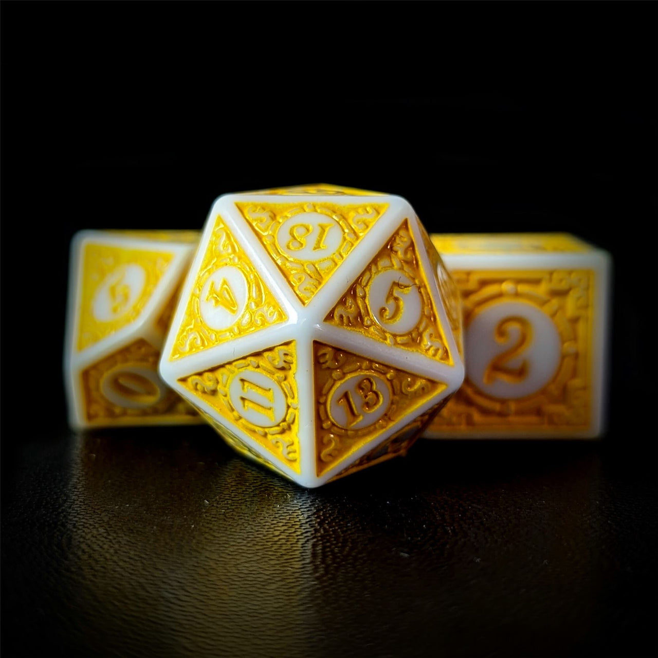 Yellow Lattice on White Acrylic - 7pcs RPG Full Dice Set Close