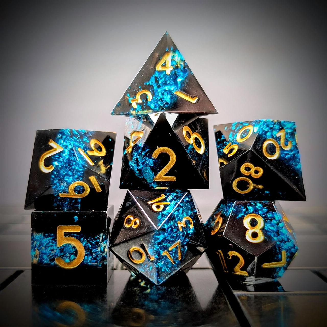 Blue Band in Black Filled Sharp Resin - 7pcs RPG Dice Set