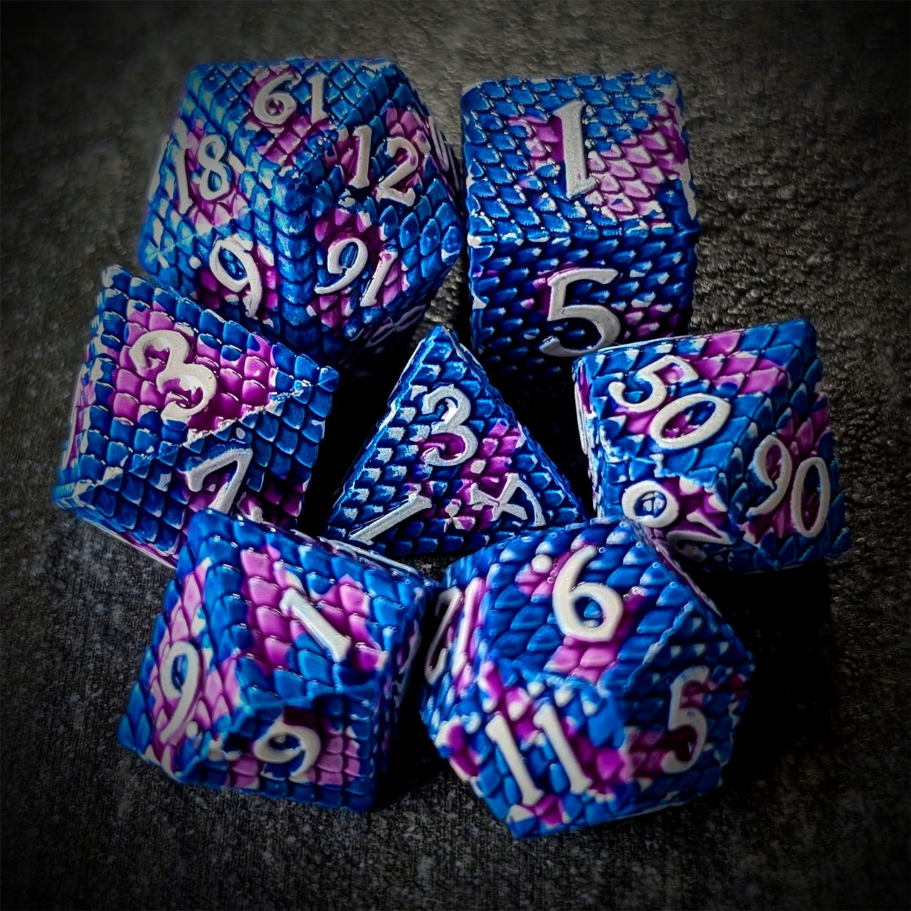 Purple & Blue Dragon Scale Metal - 7pcs RPG Dice Set