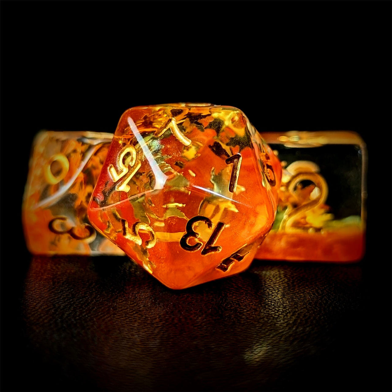 Leaves in Clear & Orange Resin - 7pcs RPG Full Dice Set