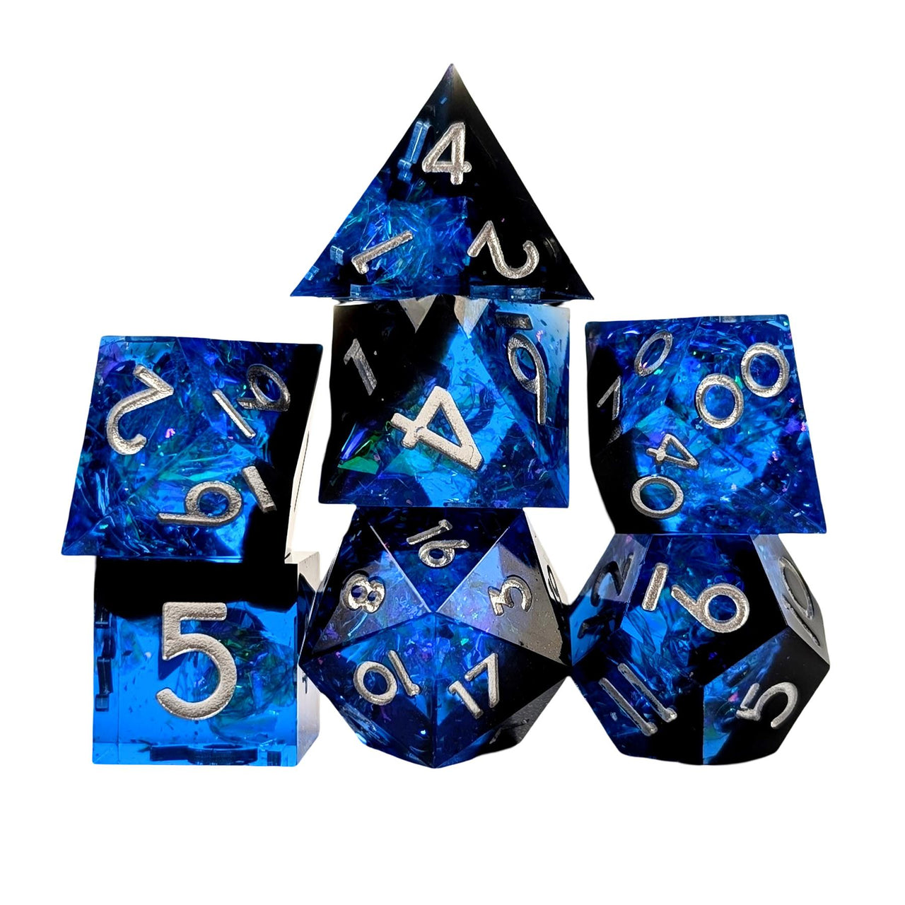 7pcs Dice Sharp Candy Silver Font Blue Black