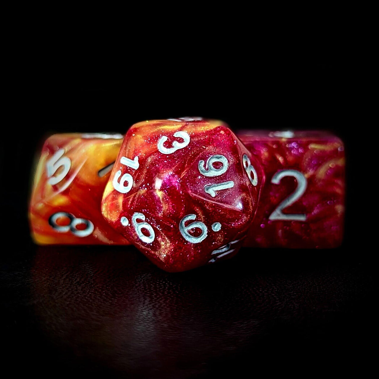 Glitter in Pink & Yellow Acrylic - 7pcs RPG Full Dice Set