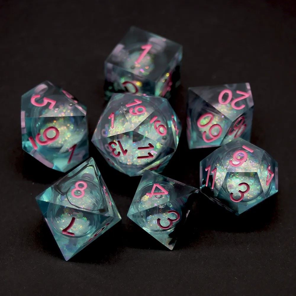 Black Swirl & Glitter in Cyan Liquid Filled Sharp Resin - 7pcs RPG Dice Set