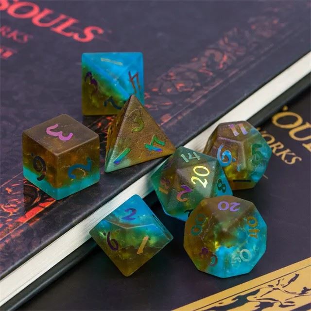 Cracked & Frosted Cyan Brown Glass - 7pcs RPG Dice Set