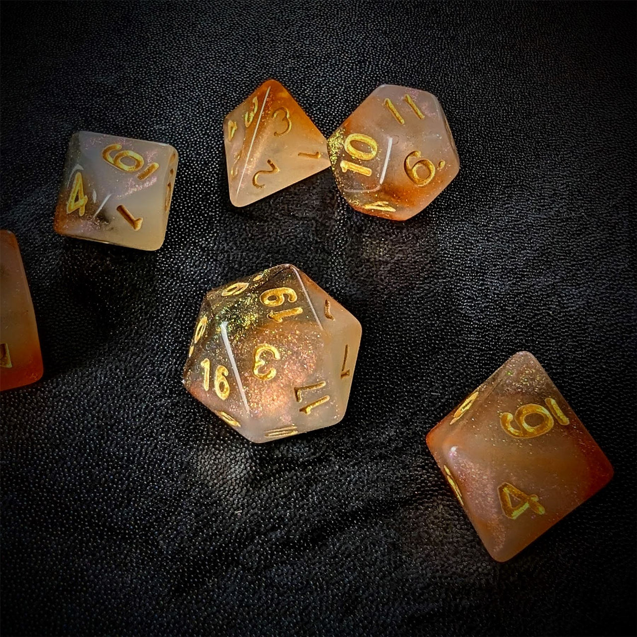 Glitter in Orange & White Acrylic - 7pcs RPG Full Dice Set Scatter