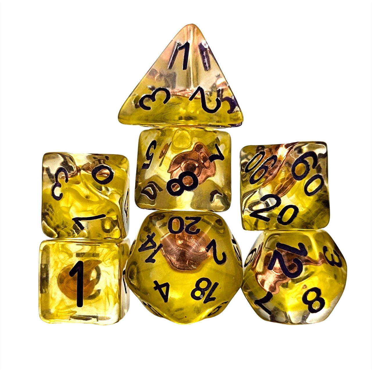 Fire in Clear & Yellow Resin - 7pcs RPG Full Dice Set