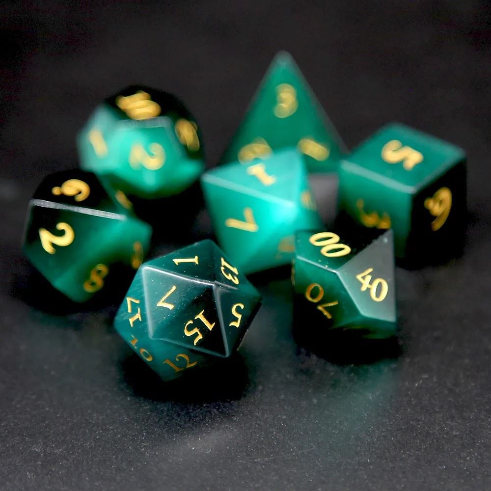 Green Cat Eye Gemstone - 7pcs RPG Dice Set