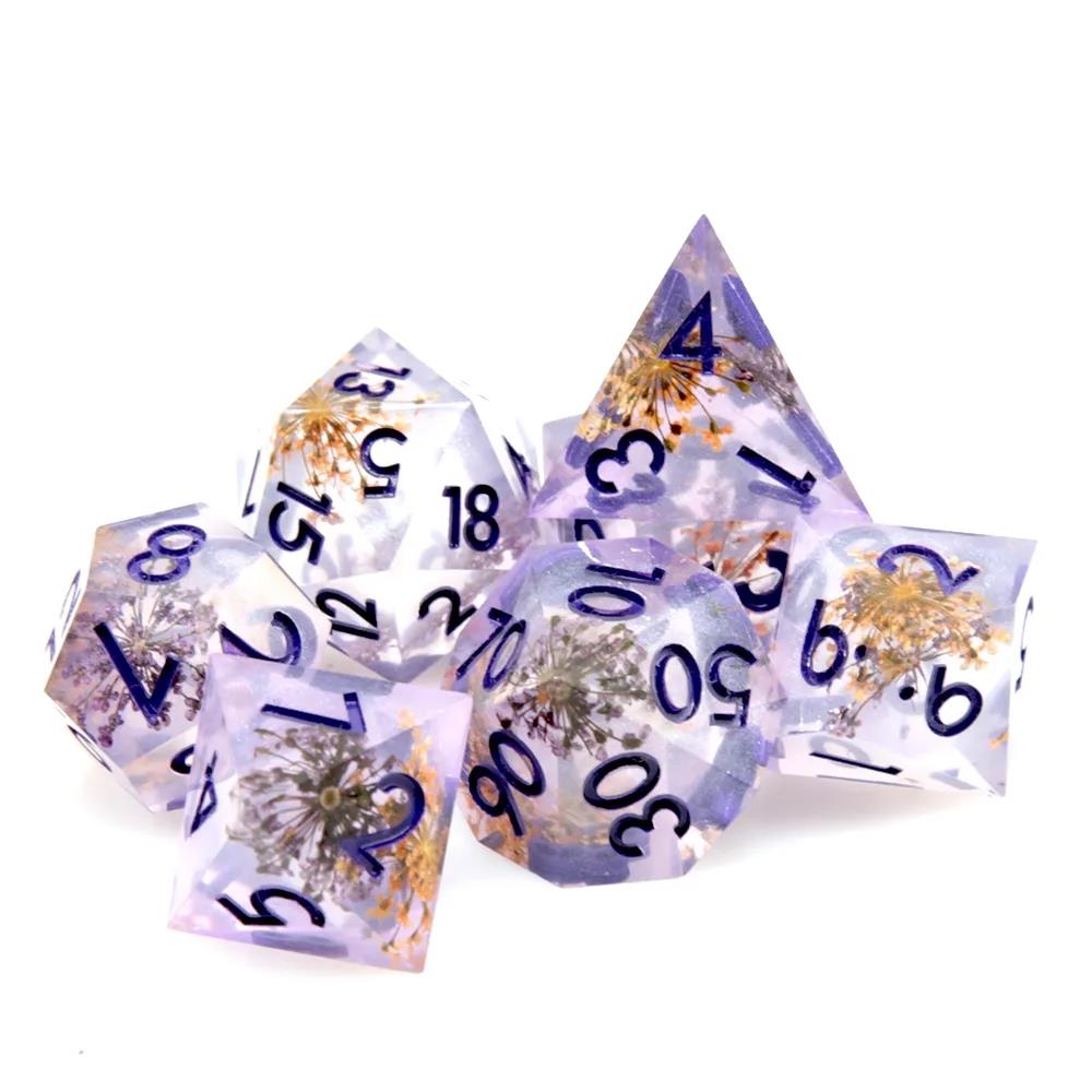 Flower in Yellow & Purple Filled Sharp Resin - 7pcs RPG Dice Set