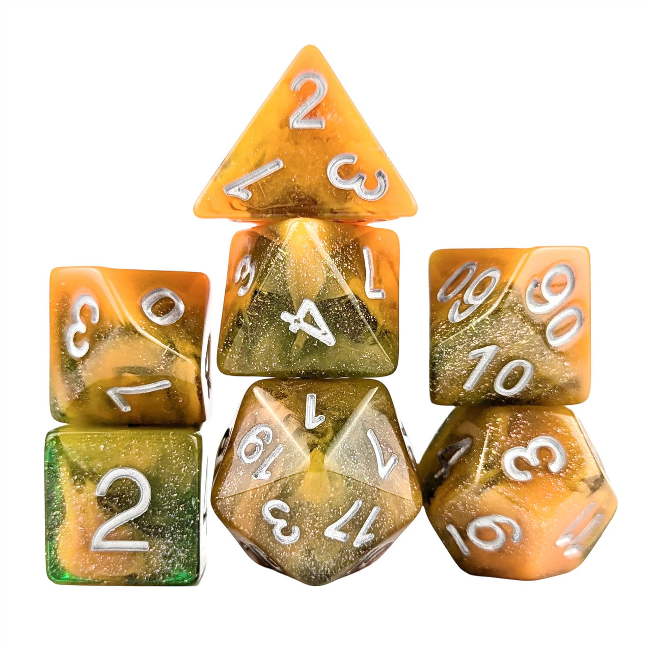 Glitter in Orange & Green Resin - 7pcs RPG Full Dice Set