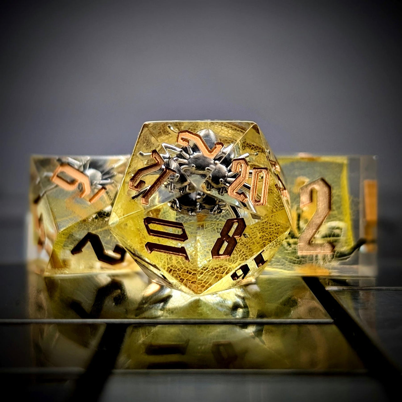 Spider in Clear & Yellow Filled Sharp Resin - 7pcs RPG Dice Set