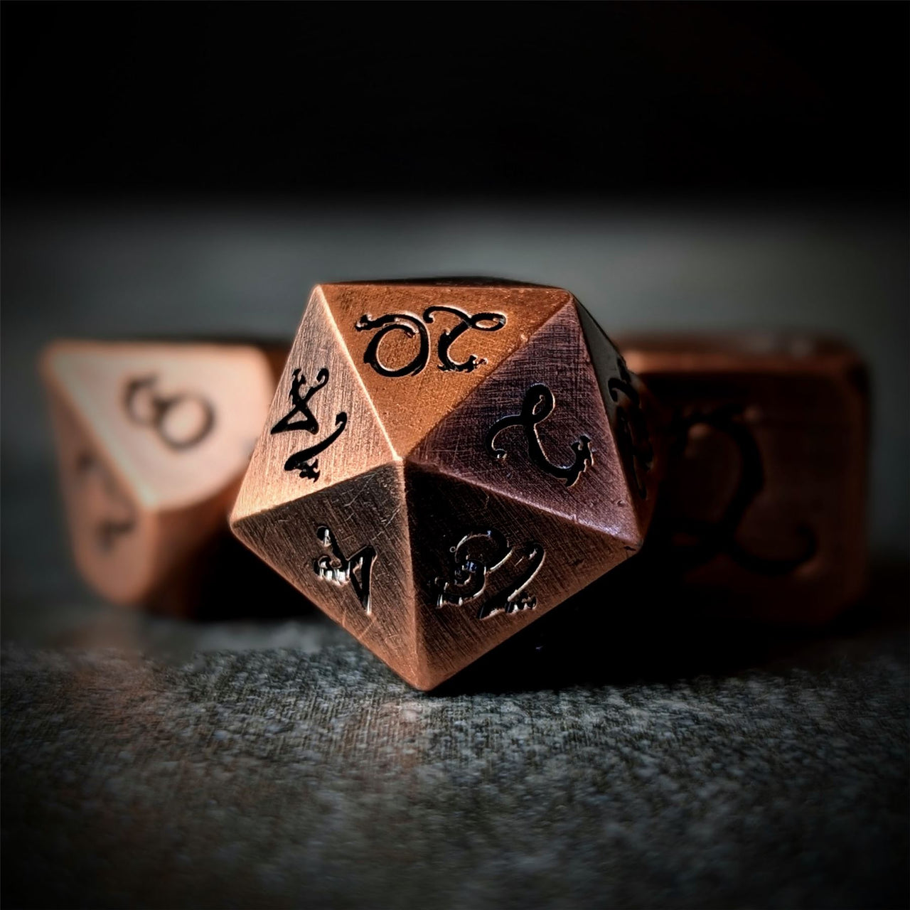 Copper Metal with Black Dragon Font - 7pcs RPG Dice Set