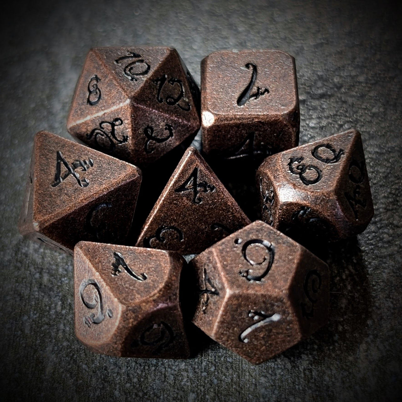 Copper Metal with Black Dragon Font - 7pcs RPG Dice Set