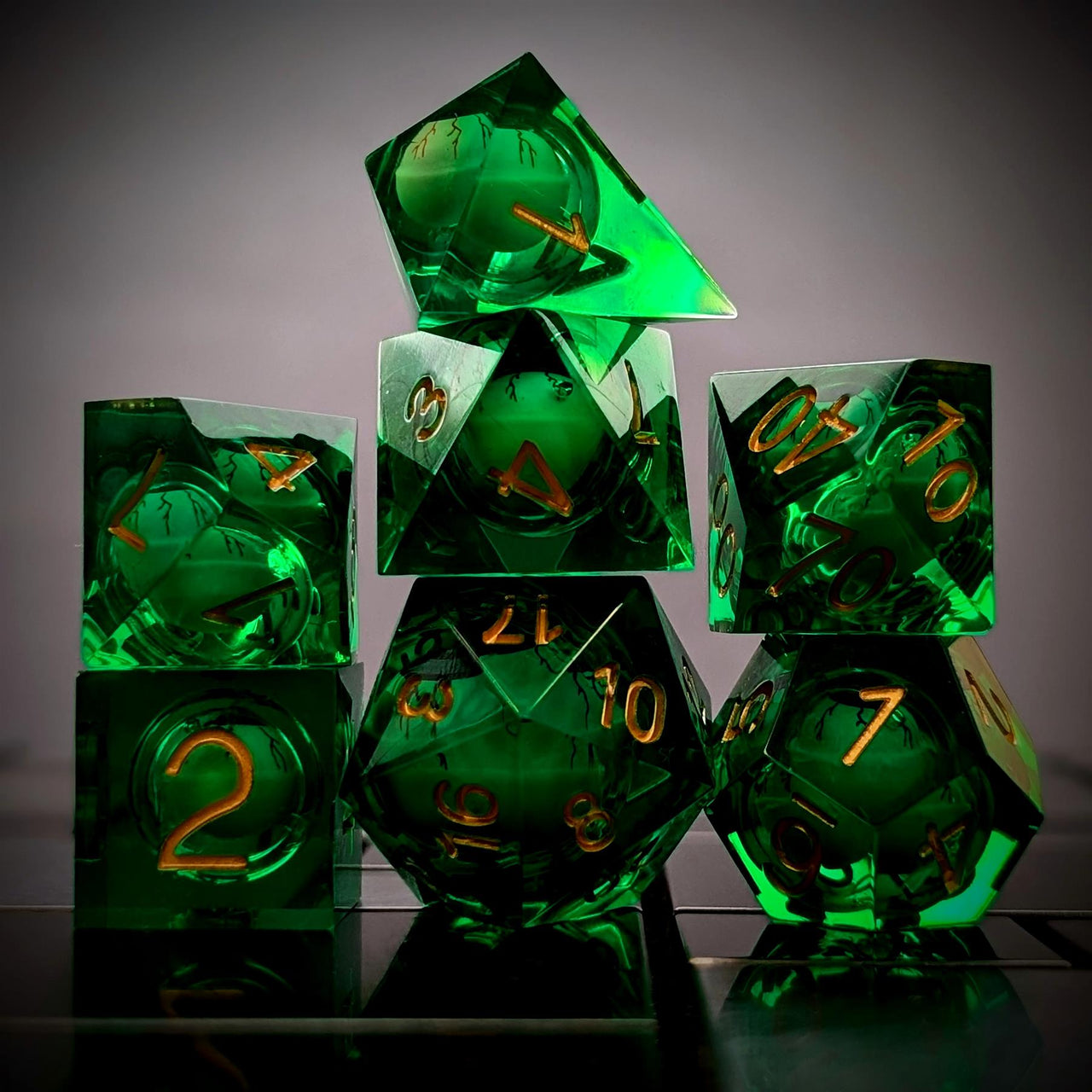 Green Eye Ball in Clear & Blue Liquid Filled Sharp Resin - 7pcs RPG Dice Set
