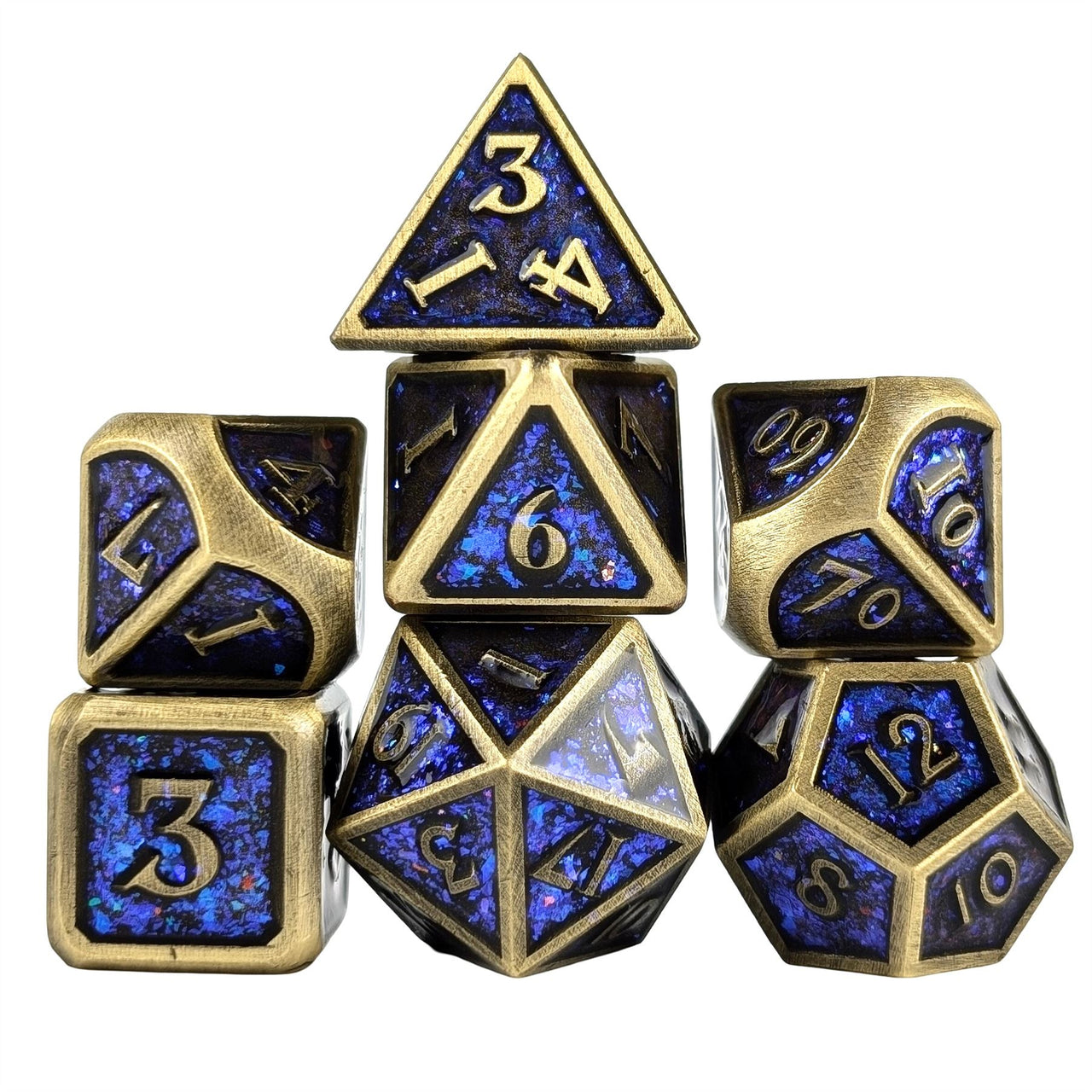 Glitter Blue Enamel in Bronze Metal - 7pcs RPG Dice Set