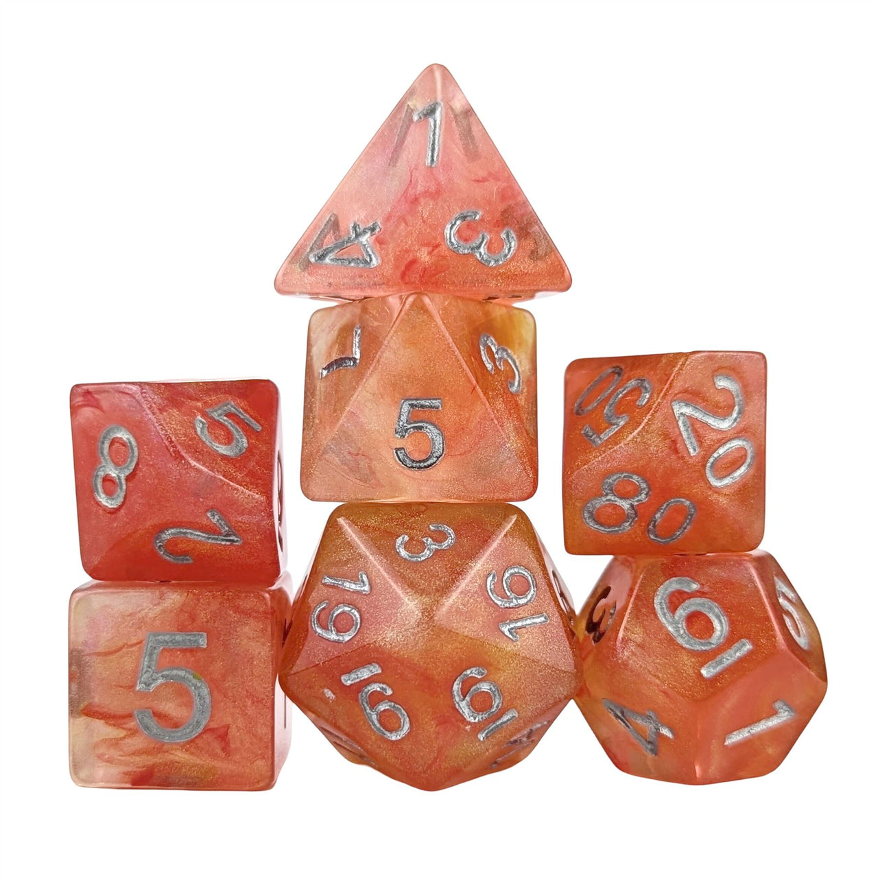 Glitter in Orange & Red Resin - 7pcs RPG Full Dice Set