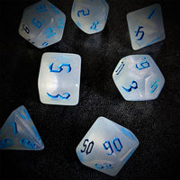 Thumbnail for Glitter in White Acrylic with Blue Font - 7pcs RPG Full Dice Set Scatter