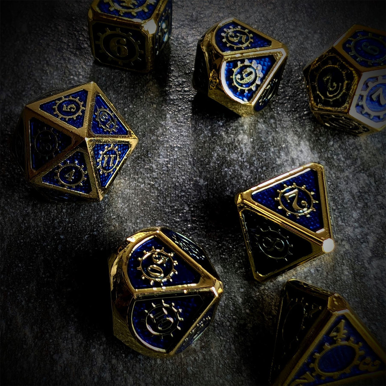 Gear in Blue Enamel Gold Metal - 7pcs RPG Dice Set