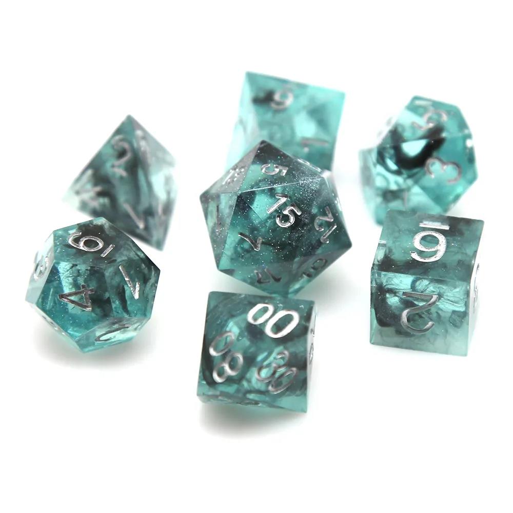 Black Swirl in Teal & Clear with Silver Glitter Sharp Resin - 7pcs RPG Dice Set