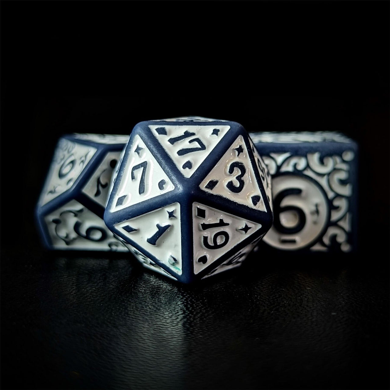 White Vines on Grey Acrylic - 7pcs RPG Full Dice Set Close