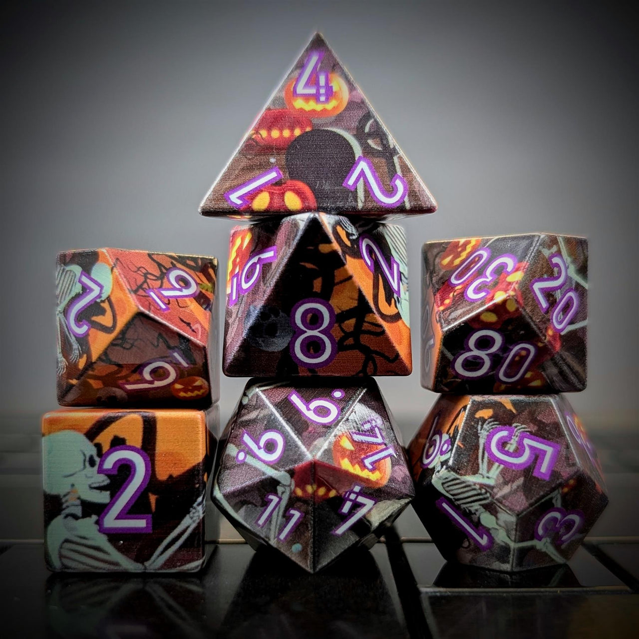 7pcs Dice Sharp Filled Skeleton White Purple Font Black Orange