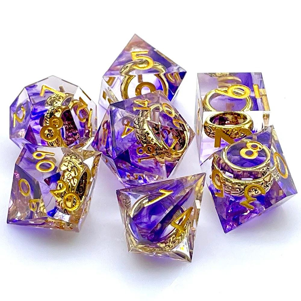 Gold Ring in Purple & Clear Filled Sharp Resin - 7pcs RPG Dice Set