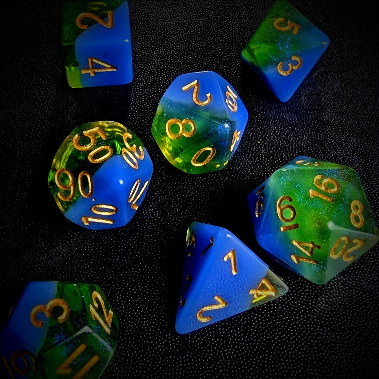 Layered Blue & Green with Shimmer Resin - 7pcs RPG Full Dice Set