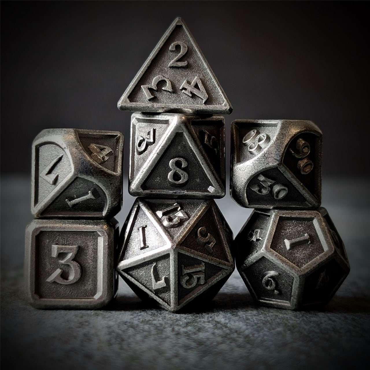 Brushed Worn Silver Metal - 7pcs RPG Dice Set