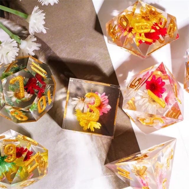 Multicolour Flowers in Clear Filled Sharp Resin - 7pcs RPG Dice Set