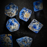 Thumbnail for Skull & Gold Foil in Clear & Blue Resin - 7pcs RPG Full Dice Set