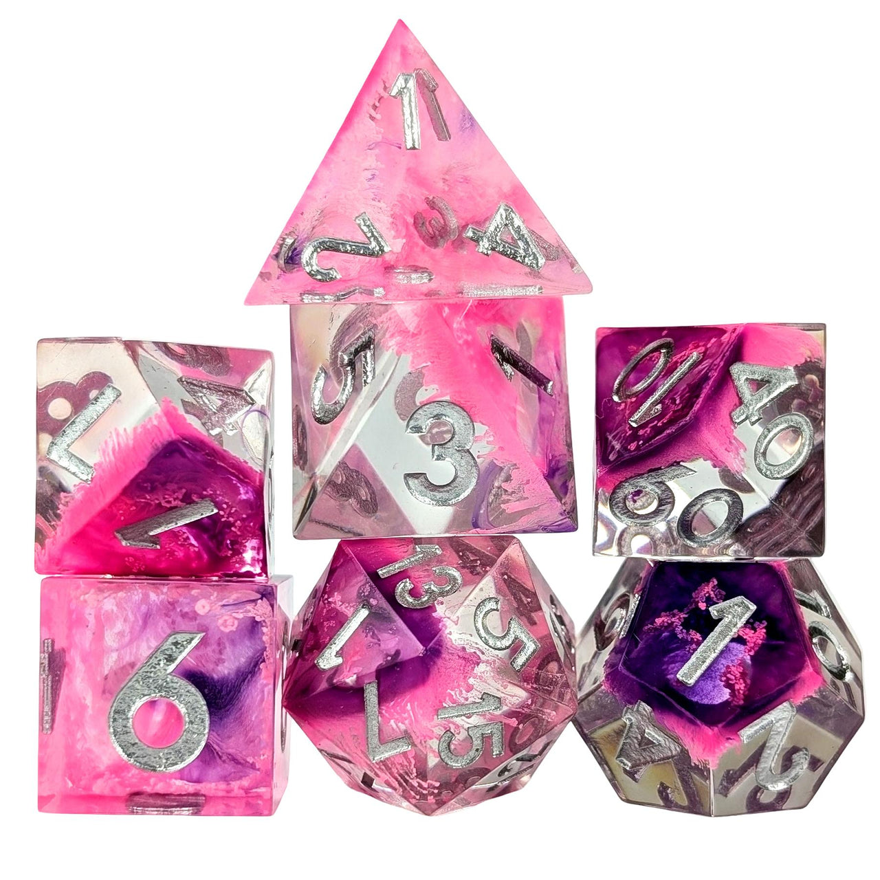 Layered Pink & Clear Sharp Resin - 7pcs RPG Dice Set