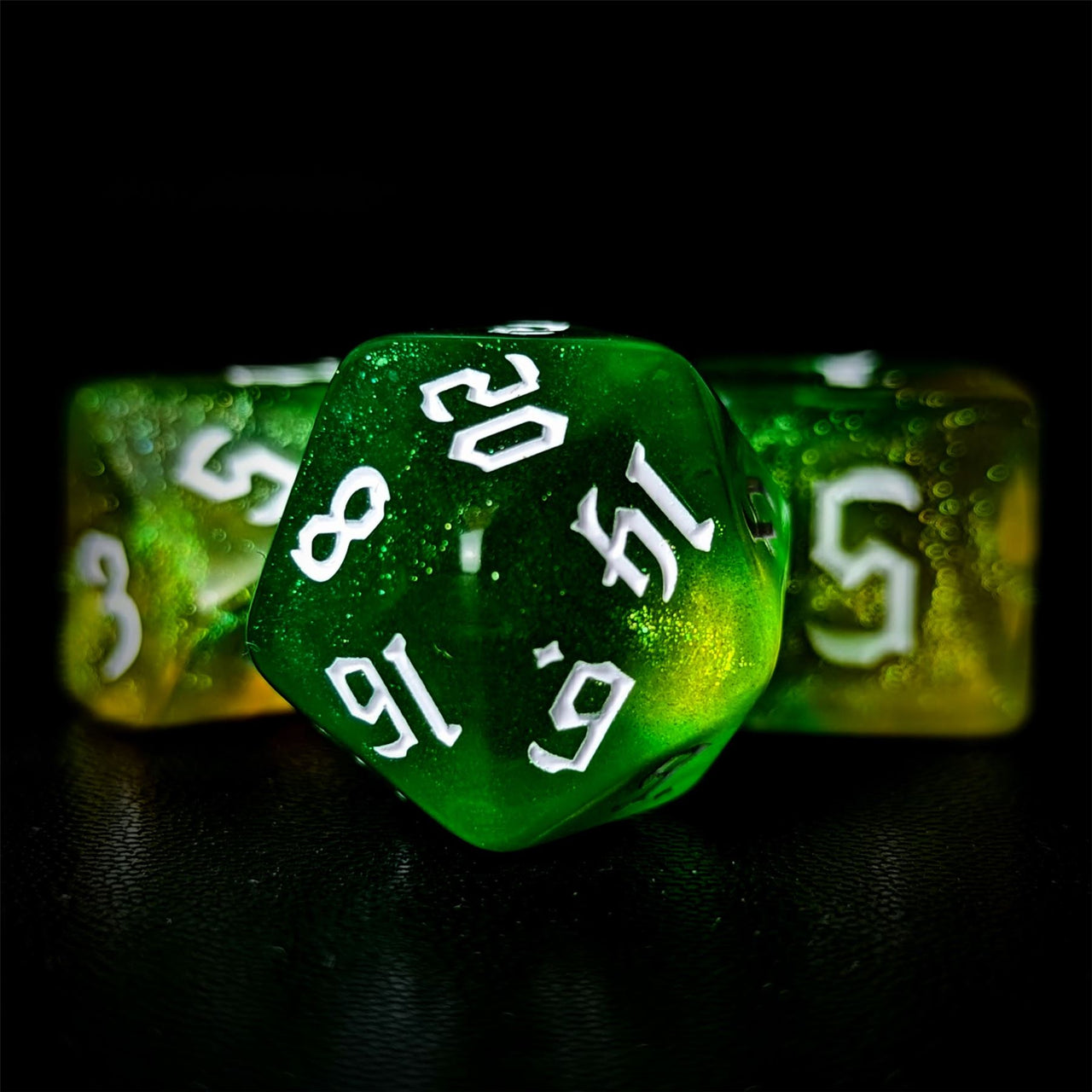 Glitter in Green & Yellow Acrylic - 7pcs RPG Full Dice Set Close