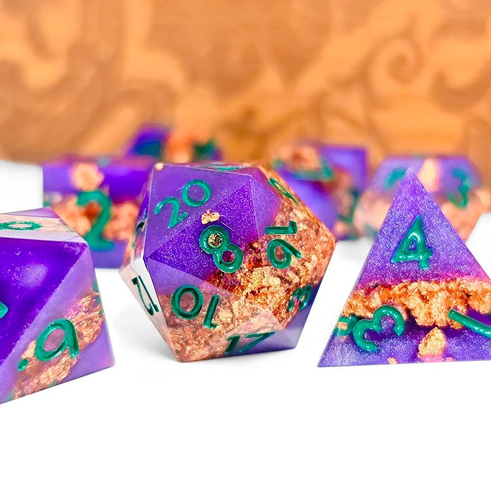 Copper Band in Purple Filled Sharp Resin - 7pcs RPG Dice Set