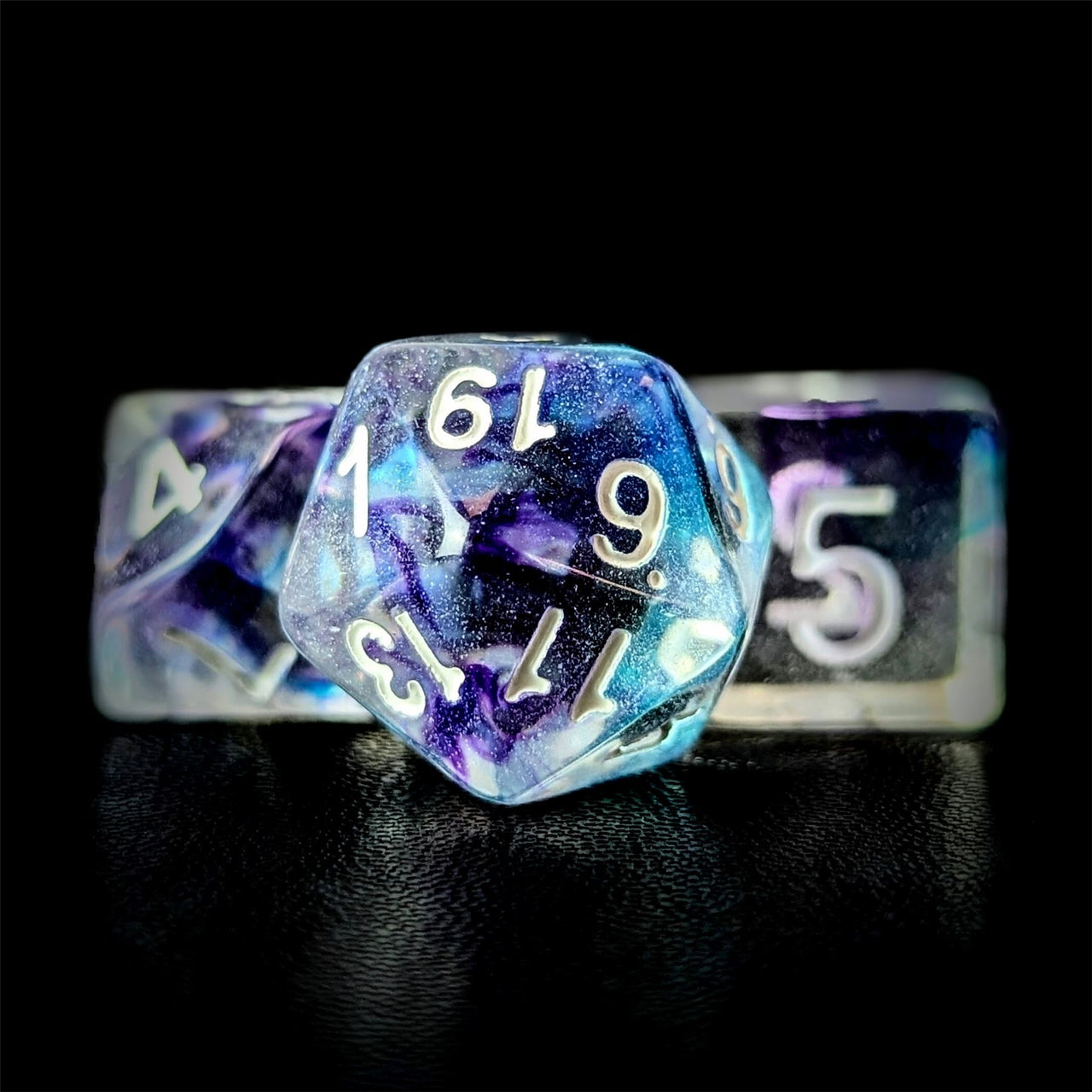 Purple & Blue Swirl in Clear Resin - 7pcs RPG Full Dice Set