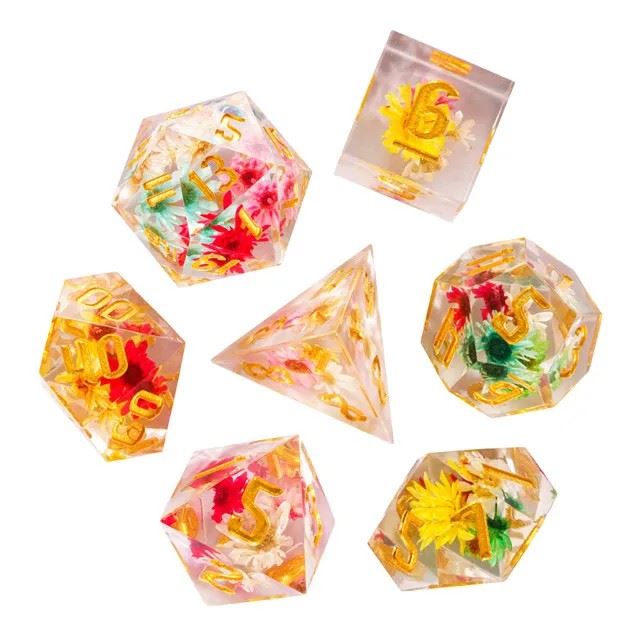 Multicolour Flowers in Clear Filled Sharp Resin - 7pcs RPG Dice Set