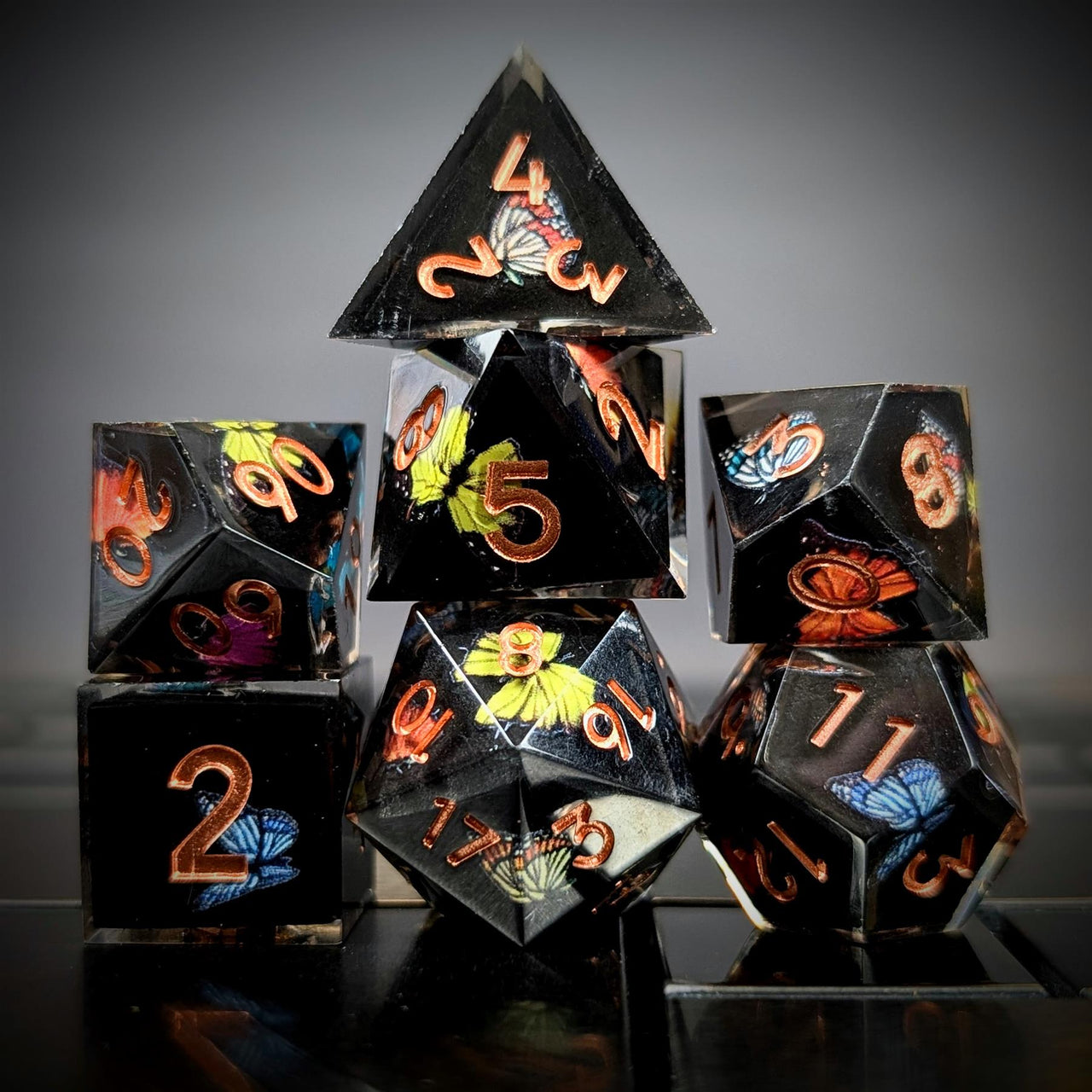 7pcs Dice Sharp Filled Butterfly Copper Font Black
