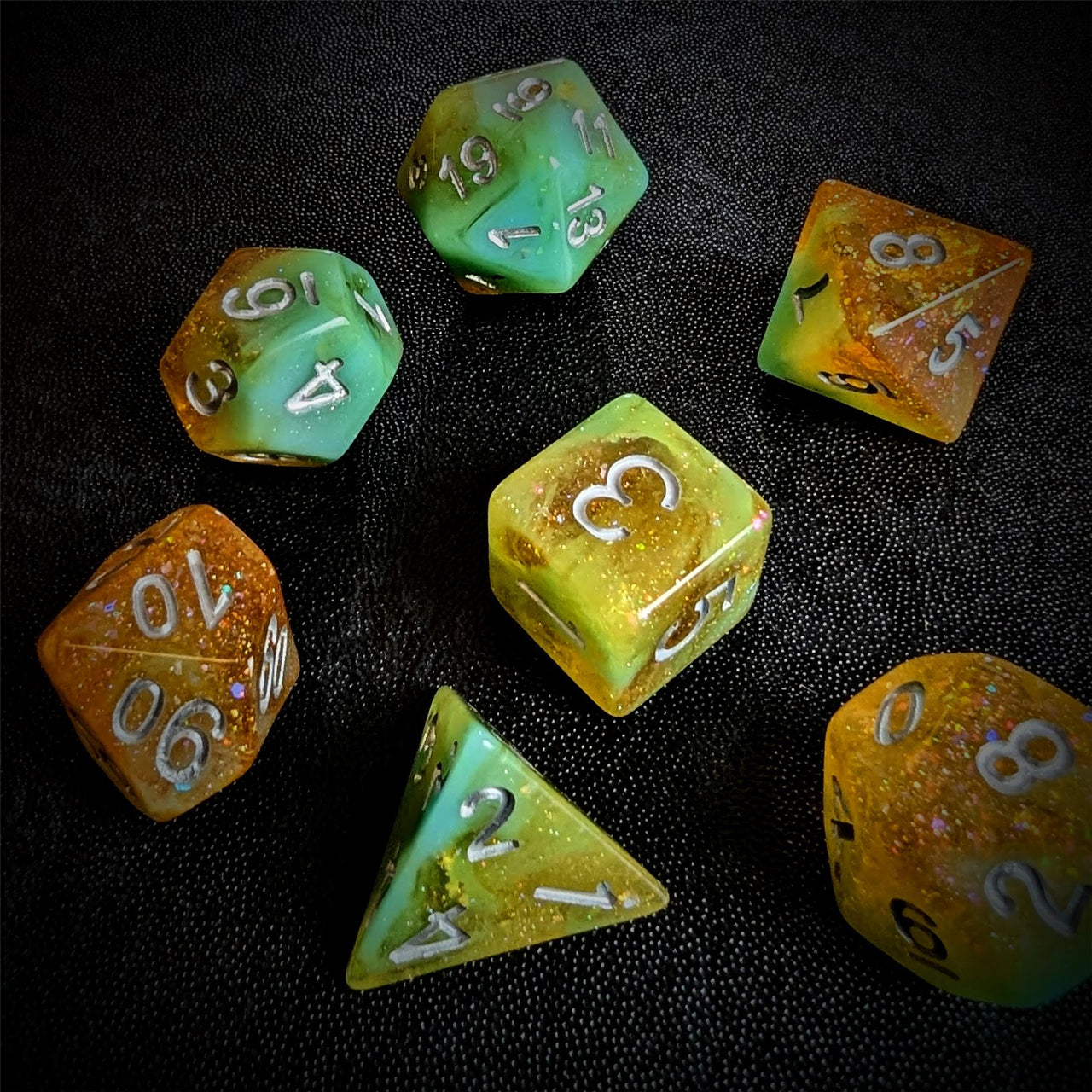 Glitter in Orange & Cyan Resin - 7pcs RPG Full Dice Set