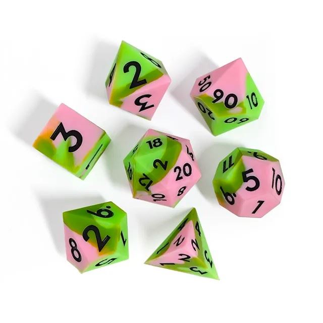 Green & Pink Layered Silicone - 7pcs RPG Full Dice Set