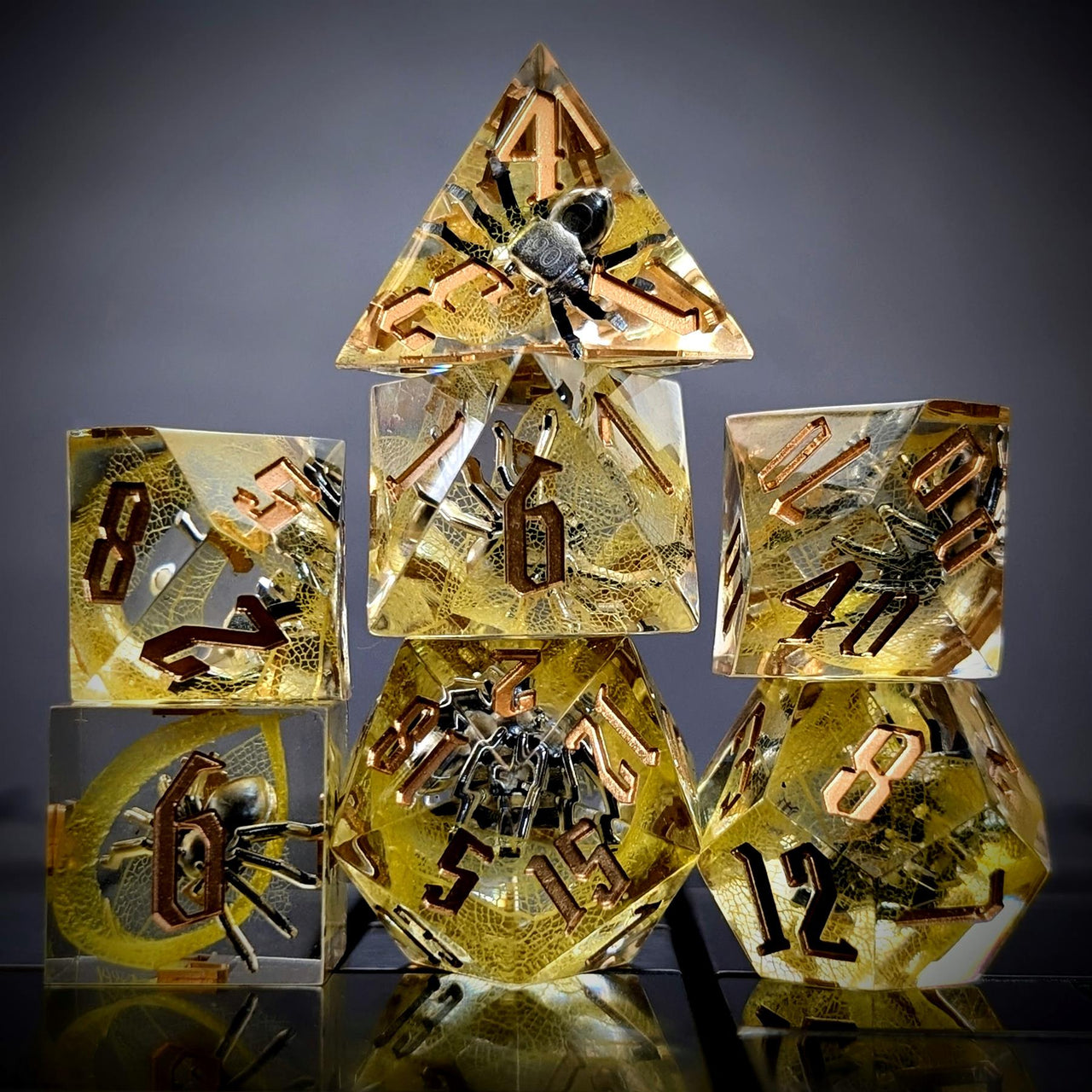 Spider in Clear & Yellow Filled Sharp Resin - 7pcs RPG Dice Set