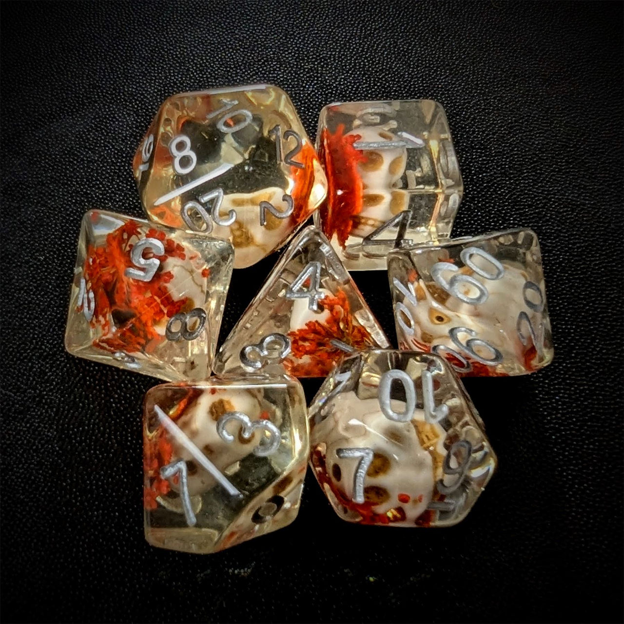 Skull & Orange Flower in Clear Resin - 7pcs RPG Full Dice Set