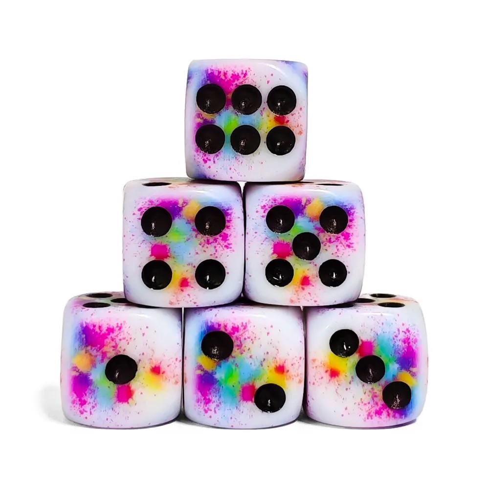 6pcs D6 16mm Dice Acrylic Printed Pips Colour Splat Black Font White