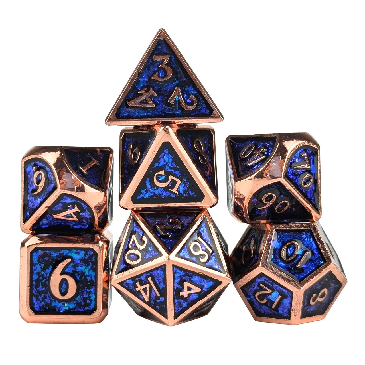 Glitter Blue Enamel in Copper Metal - 7pcs RPG Dice Set